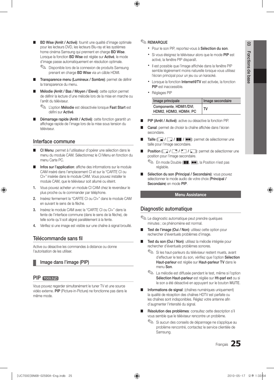 Interface commune, Télécommande sans fil, Diagnostic automatique | Samsung UE40C7000WW User Manual | Page 87 / 374