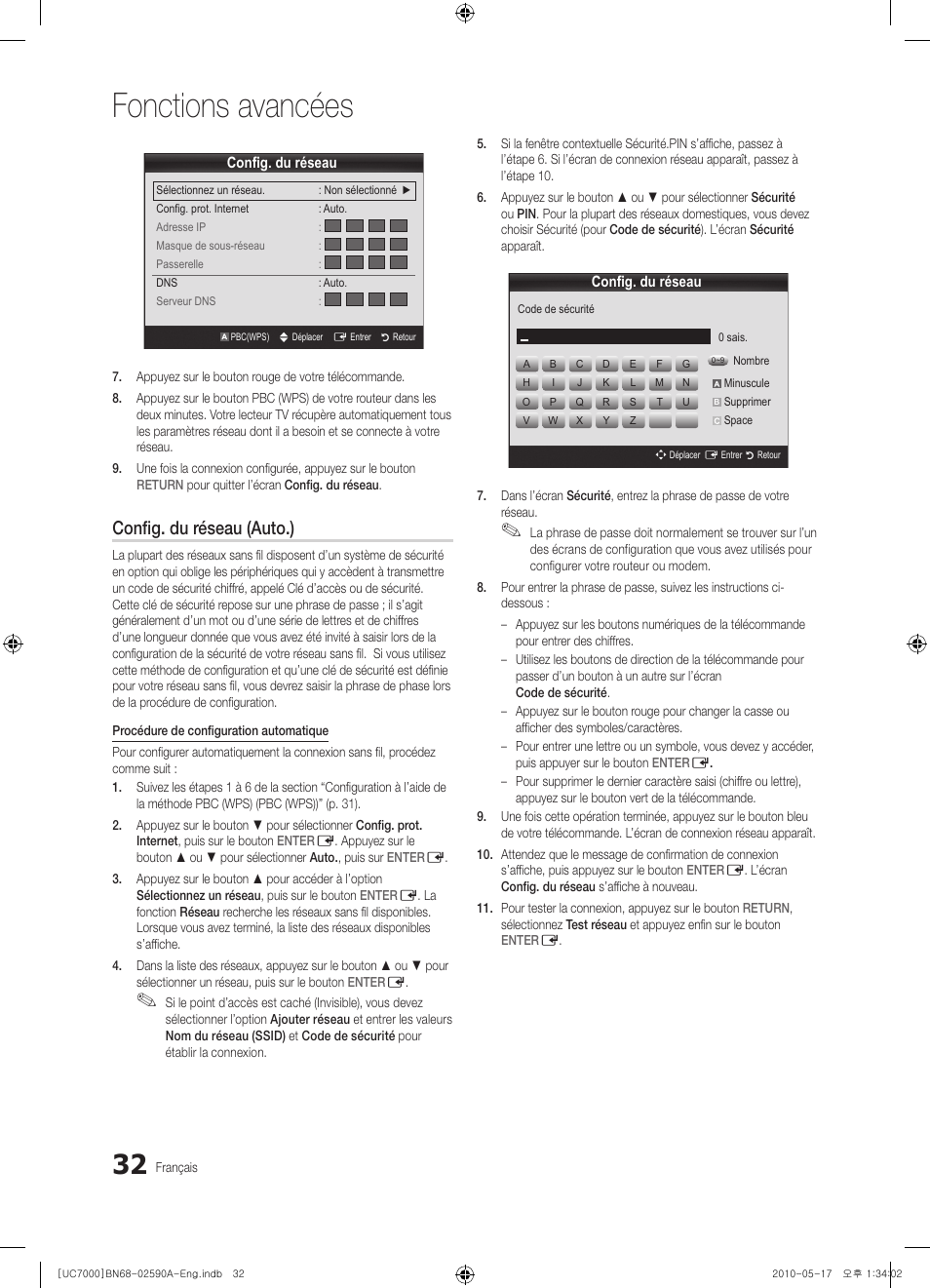 Fonctions avancées, Config. du réseau (auto.) | Samsung UE40C7000WW User Manual | Page 94 / 374
