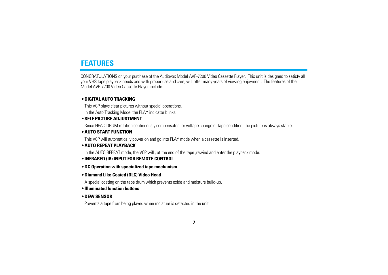 Features | Audiovox AVP7200 User Manual | Page 10 / 30