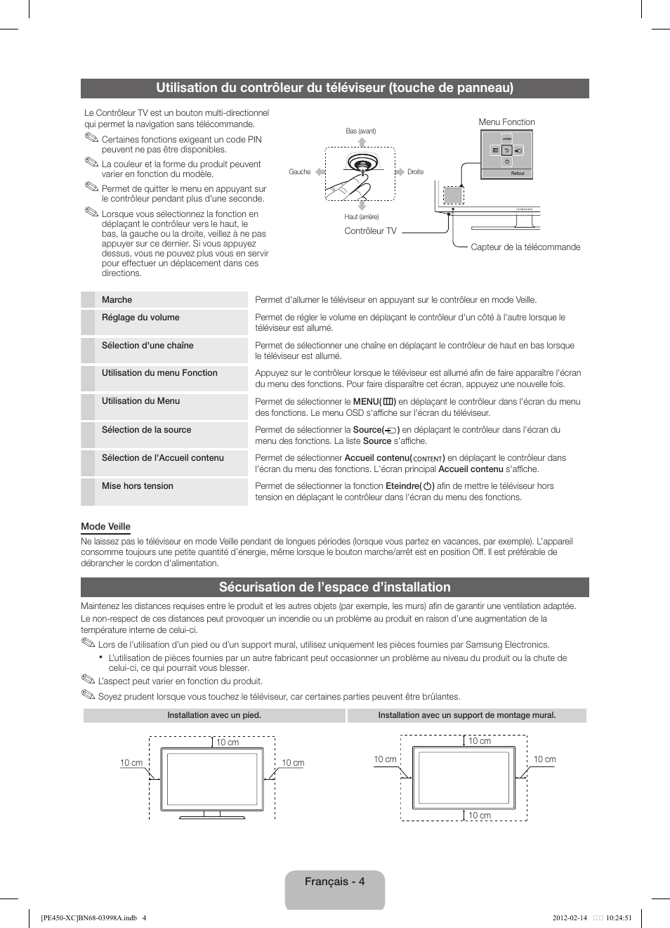 Sécurisation de l’espace d’installation | Samsung PS43E450A1W User Manual | Page 16 / 49