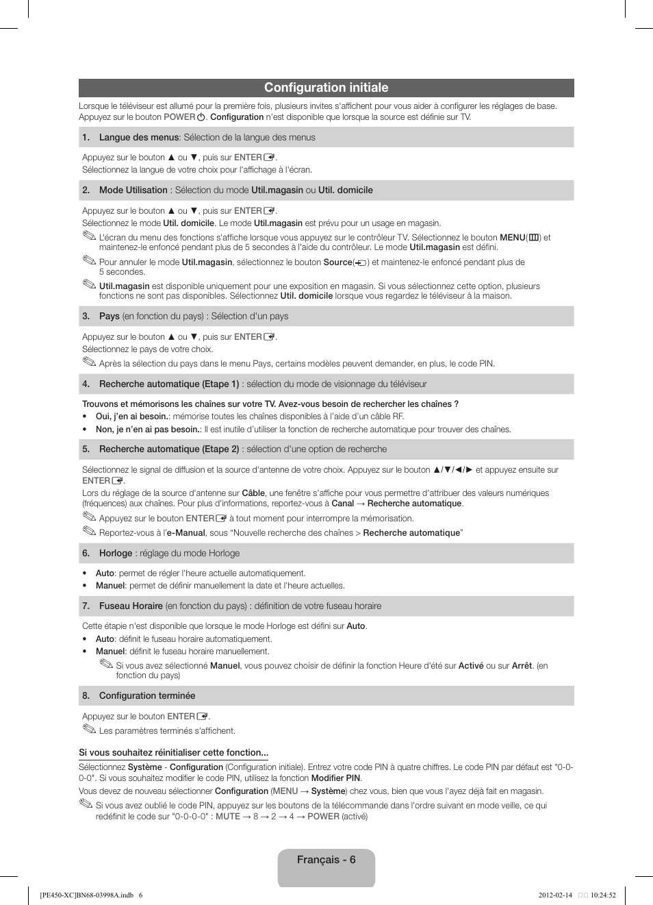 Configuration initiale | Samsung PS43E450A1W User Manual | Page 18 / 49