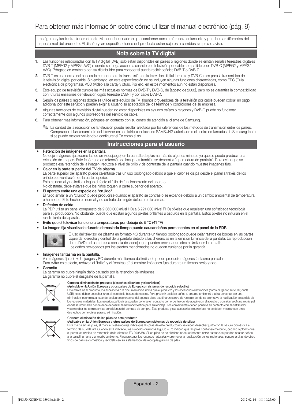 Nota sobre la tv digital, Instrucciones para el usuario | Samsung PS43E450A1W User Manual | Page 26 / 49