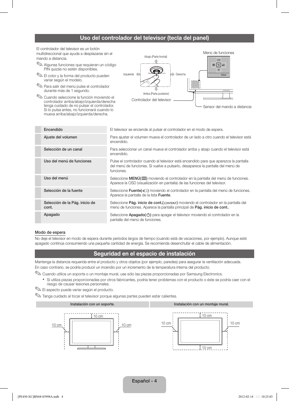 Seguridad en el espacio de instalación | Samsung PS43E450A1W User Manual | Page 28 / 49