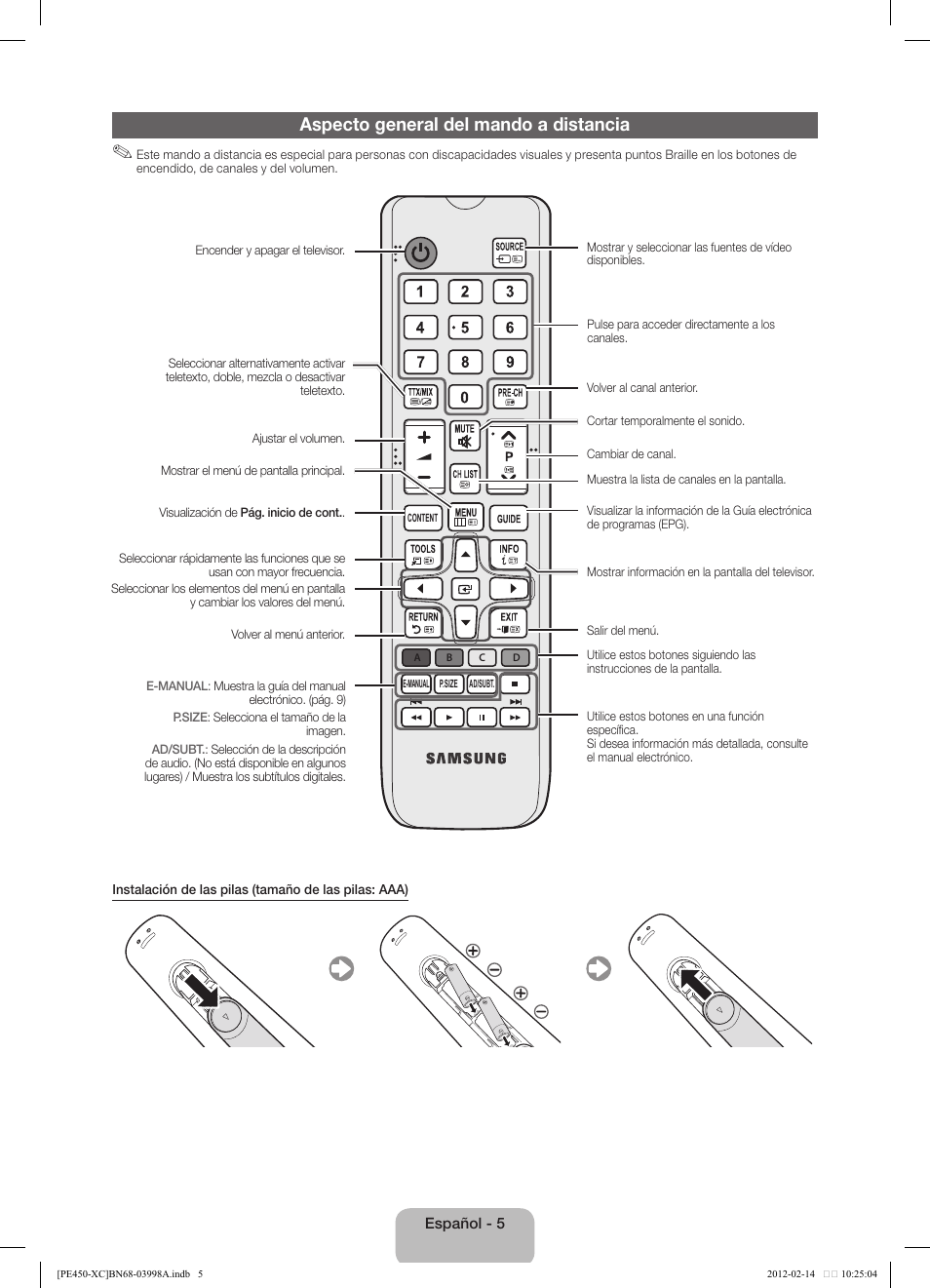 Aspecto general del mando a distancia | Samsung PS43E450A1W User Manual | Page 29 / 49