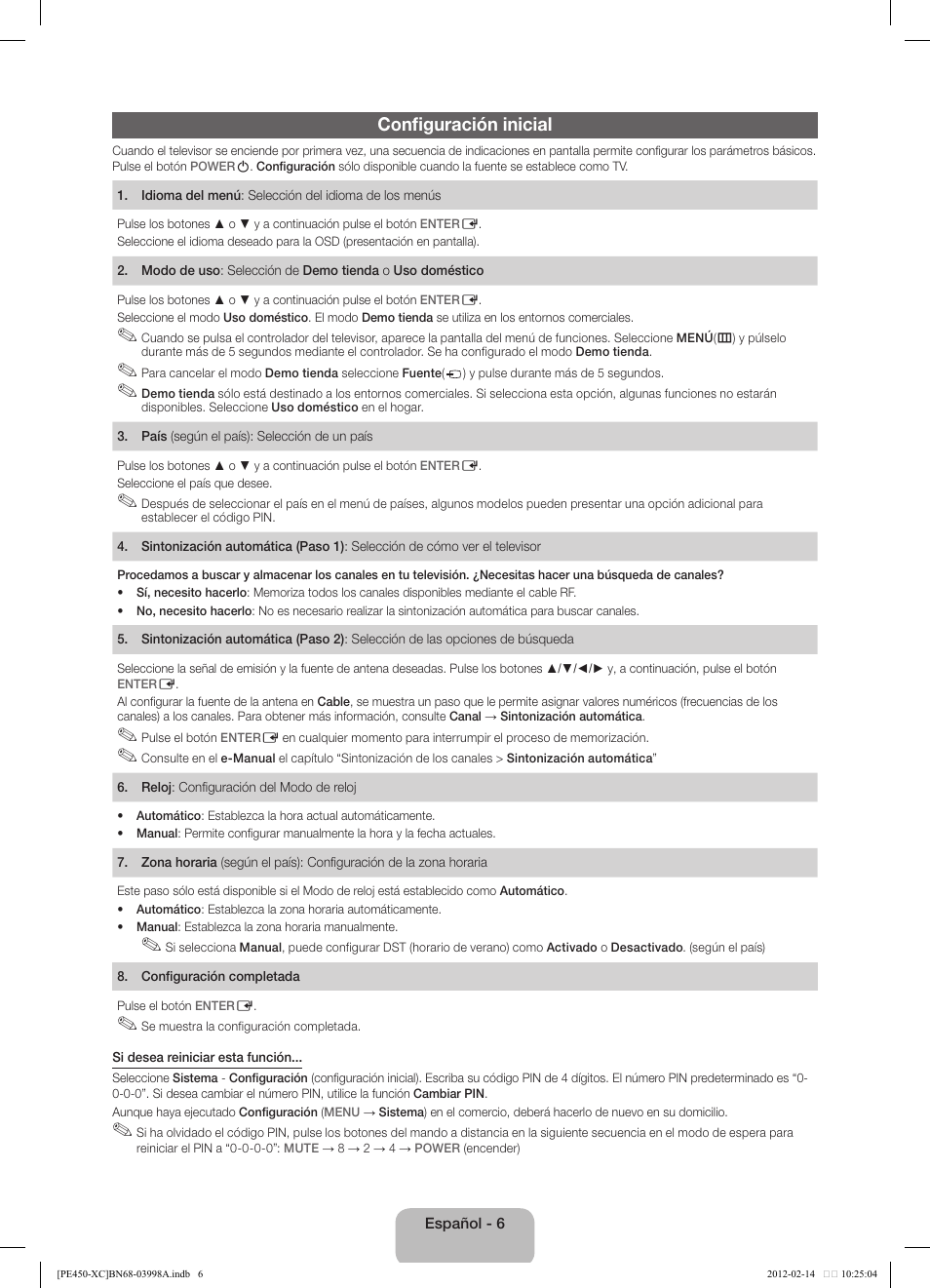 Configuración inicial | Samsung PS43E450A1W User Manual | Page 30 / 49