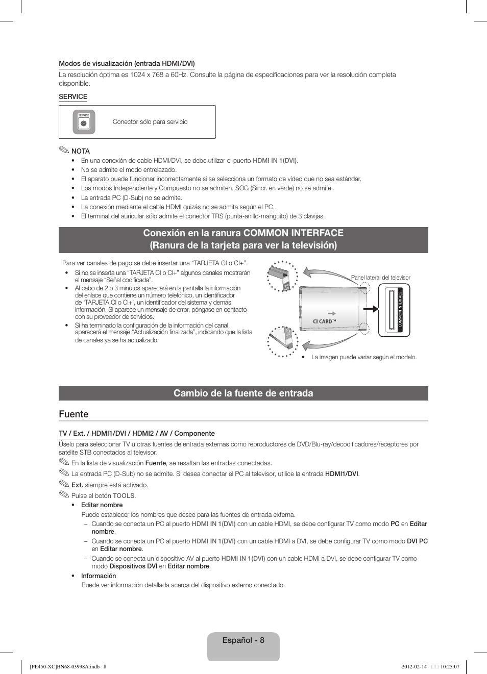 Cambio de la fuente de entrada fuente | Samsung PS43E450A1W User Manual | Page 32 / 49