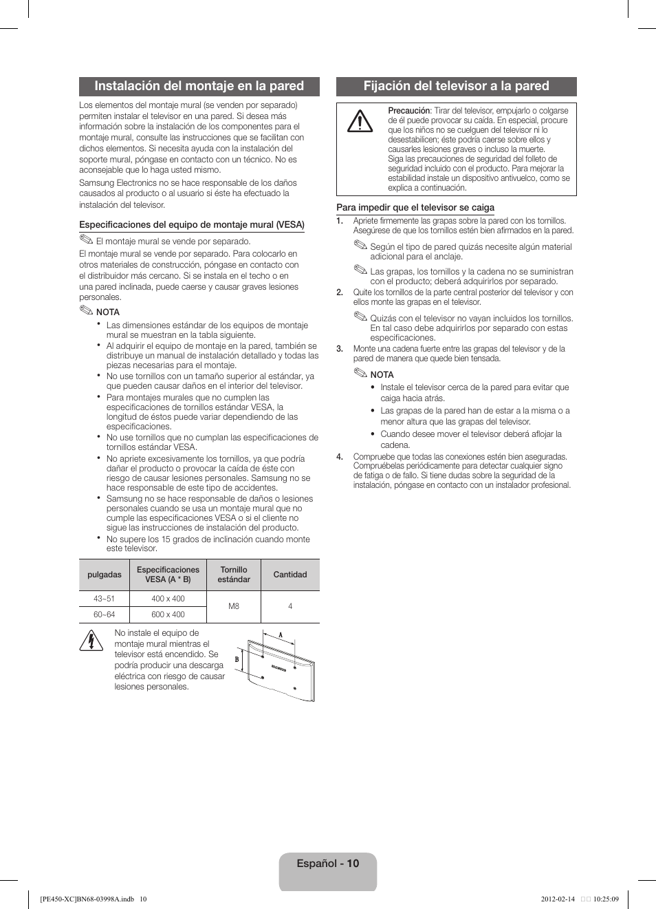 Instalación del montaje en la pared, Fijación del televisor a la pared | Samsung PS43E450A1W User Manual | Page 34 / 49