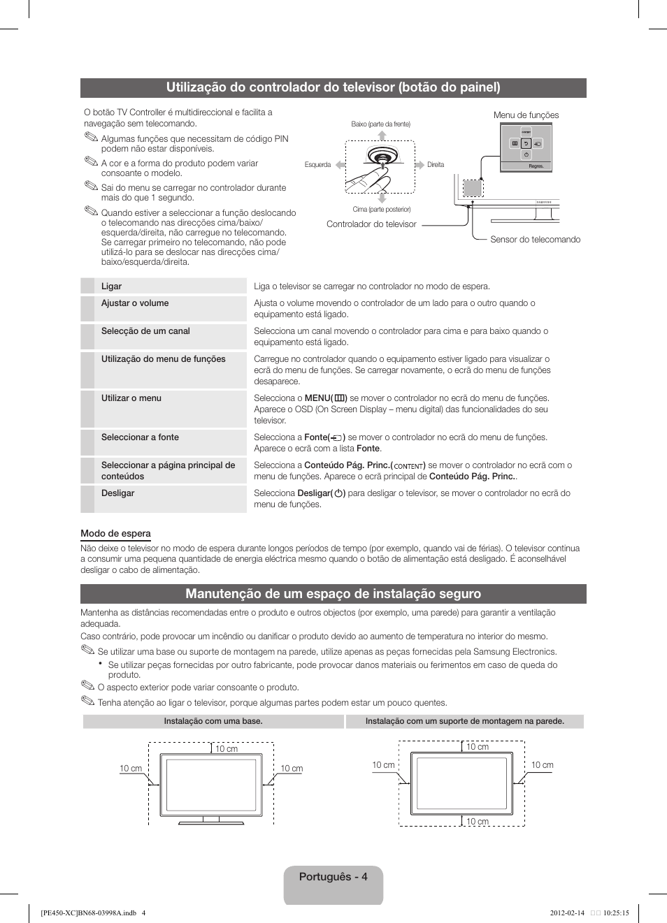 Manutenção de um espaço de instalação seguro | Samsung PS43E450A1W User Manual | Page 40 / 49