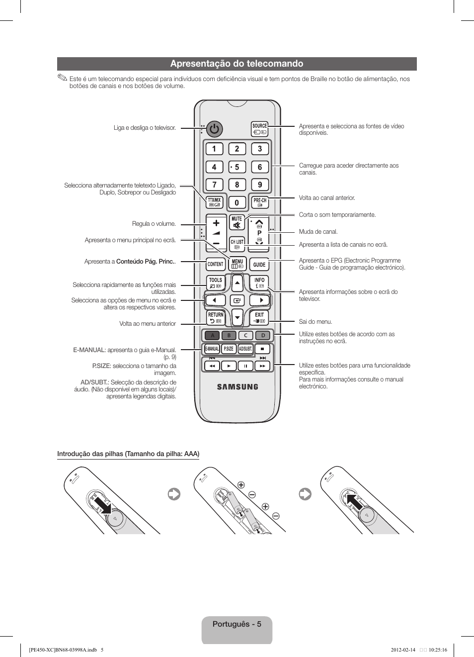Apresentação do telecomando | Samsung PS43E450A1W User Manual | Page 41 / 49