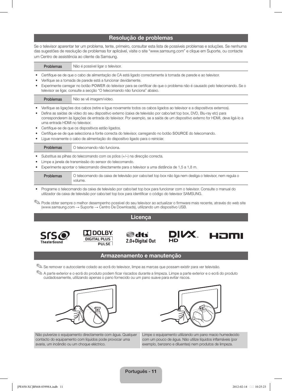 Resolução de problemas, Licença armazenamento e manutenção | Samsung PS43E450A1W User Manual | Page 47 / 49