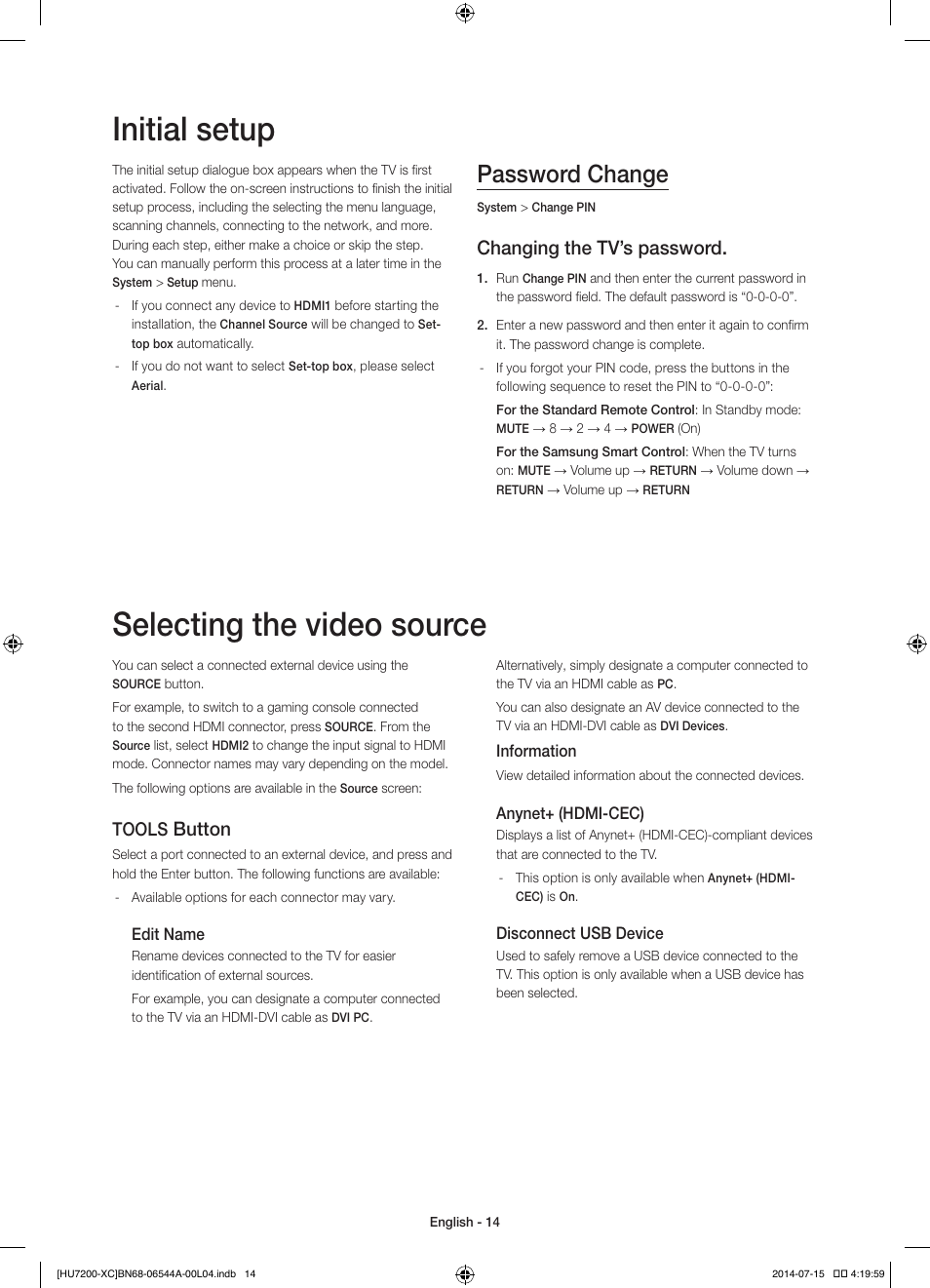 Initial setup, Selecting the video source, Password change | Changing the tv’s password, Button, Tools | Samsung UE55HU7200S User Manual | Page 14 / 97