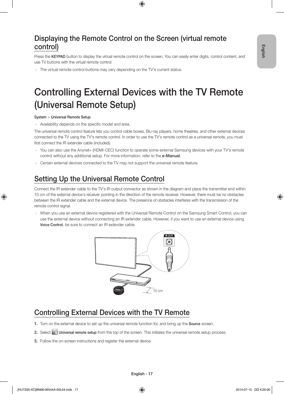 Controlling external devices with the tv remote, Universal remote setup, Setting up the universal remote control | Samsung UE55HU7200S User Manual | Page 17 / 97