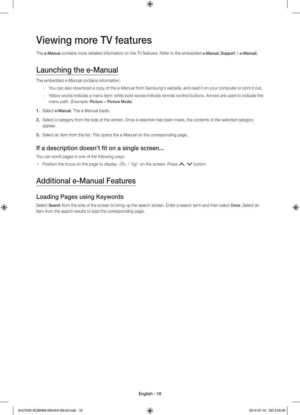 Viewing more tv features, Launching the e-manual, Additional e-manual features | If a description doesn't fit on a single screen, Loading pages using keywords | Samsung UE55HU7200S User Manual | Page 18 / 97