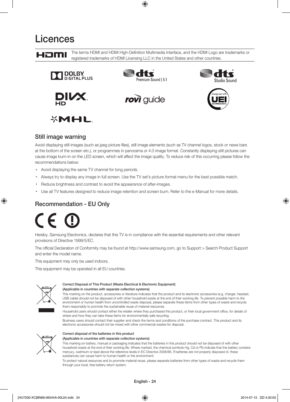 Licences, Still image warning, Recommendation - eu only | Samsung UE55HU7200S User Manual | Page 24 / 97