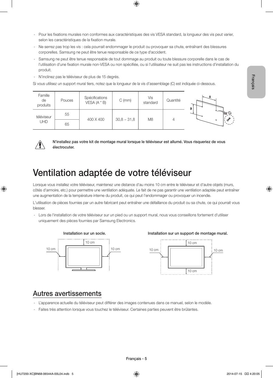 Ventilation adaptée de votre téléviseur, Autres avertissements | Samsung UE55HU7200S User Manual | Page 29 / 97