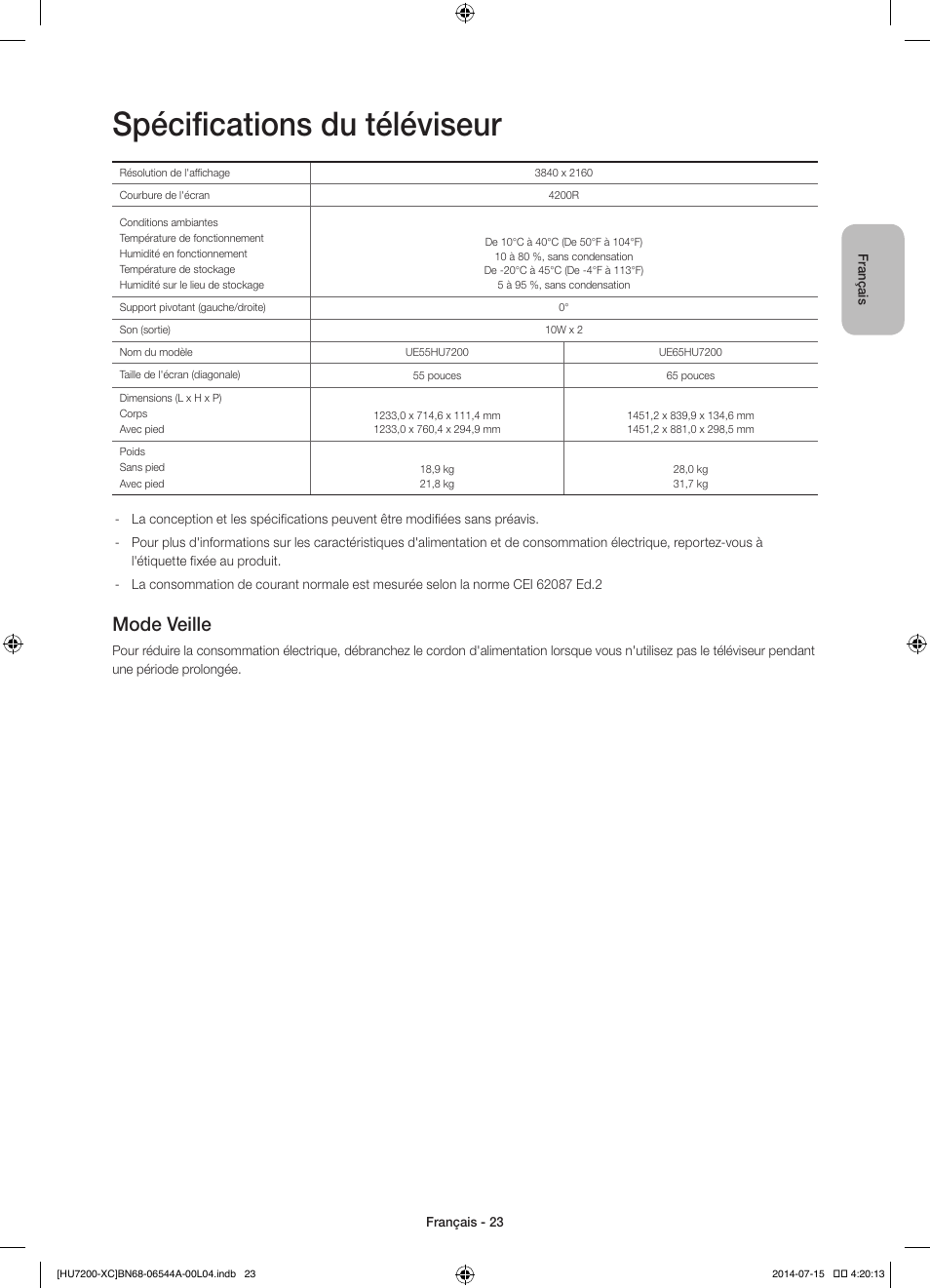 Spécifications du téléviseur, Mode veille | Samsung UE55HU7200S User Manual | Page 47 / 97