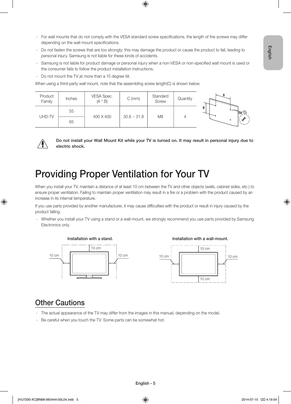 Providing proper ventilation for your tv, Other cautions | Samsung UE55HU7200S User Manual | Page 5 / 97