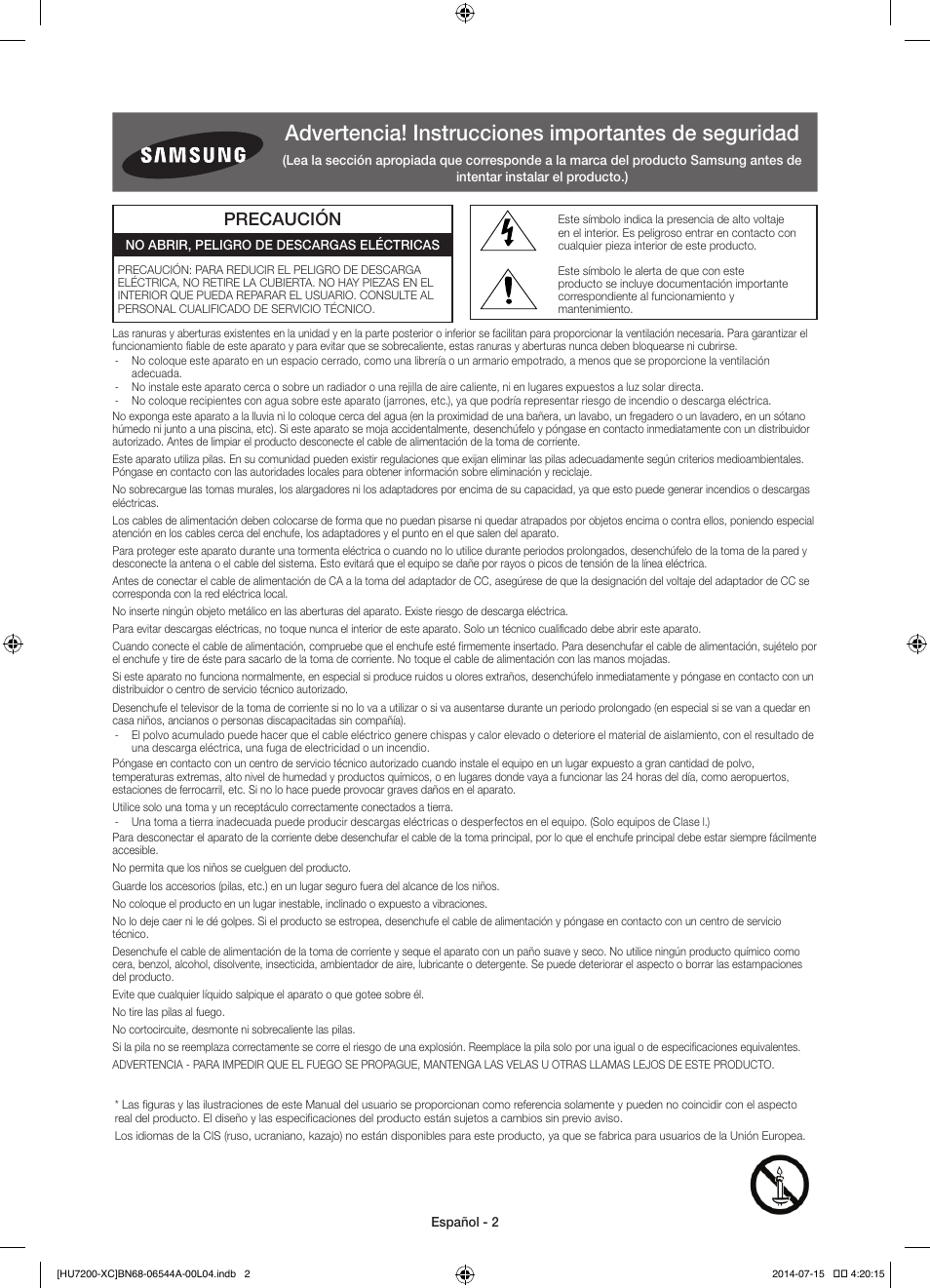 Precaución | Samsung UE55HU7200S User Manual | Page 50 / 97