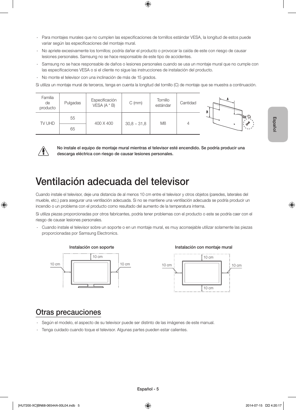 Ventilación adecuada del televisor, Otras precauciones | Samsung UE55HU7200S User Manual | Page 53 / 97