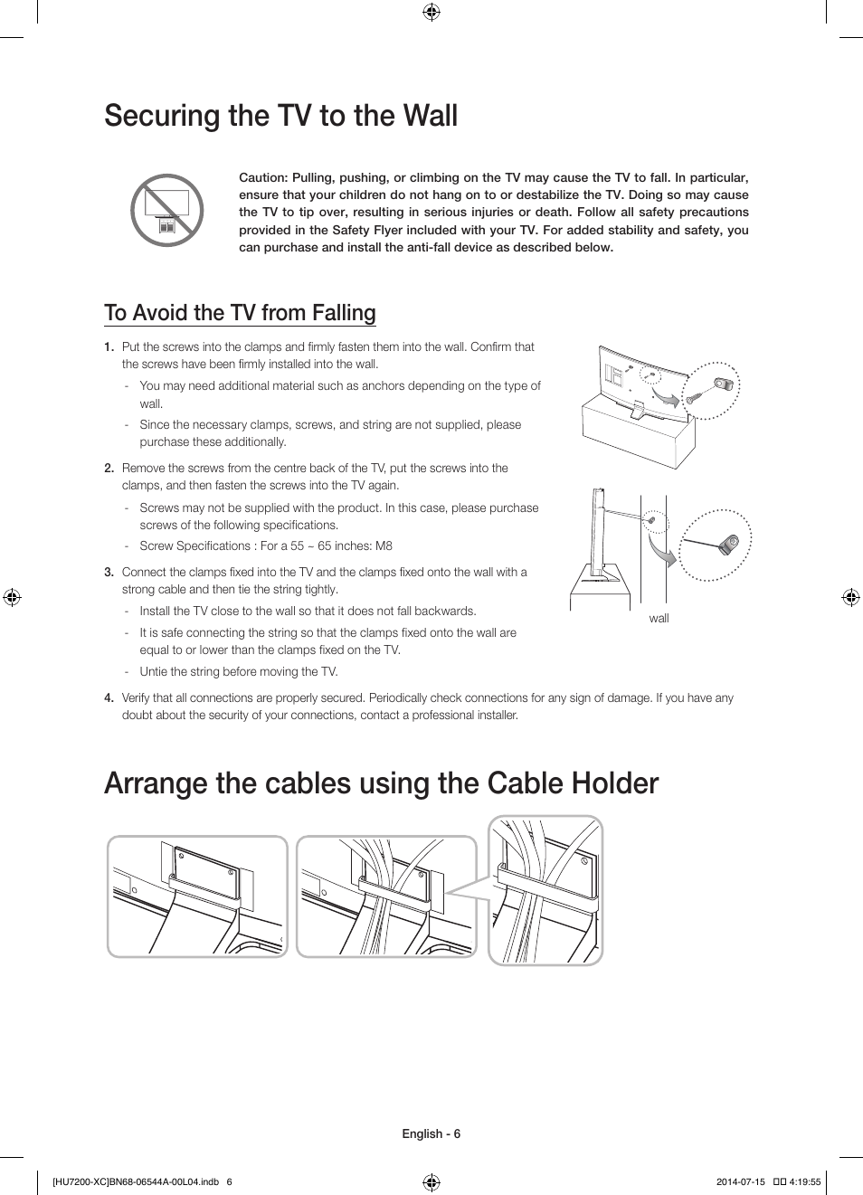 Securing the tv to the wall, Arrange the cables using the cable holder | Samsung UE55HU7200S User Manual | Page 6 / 97