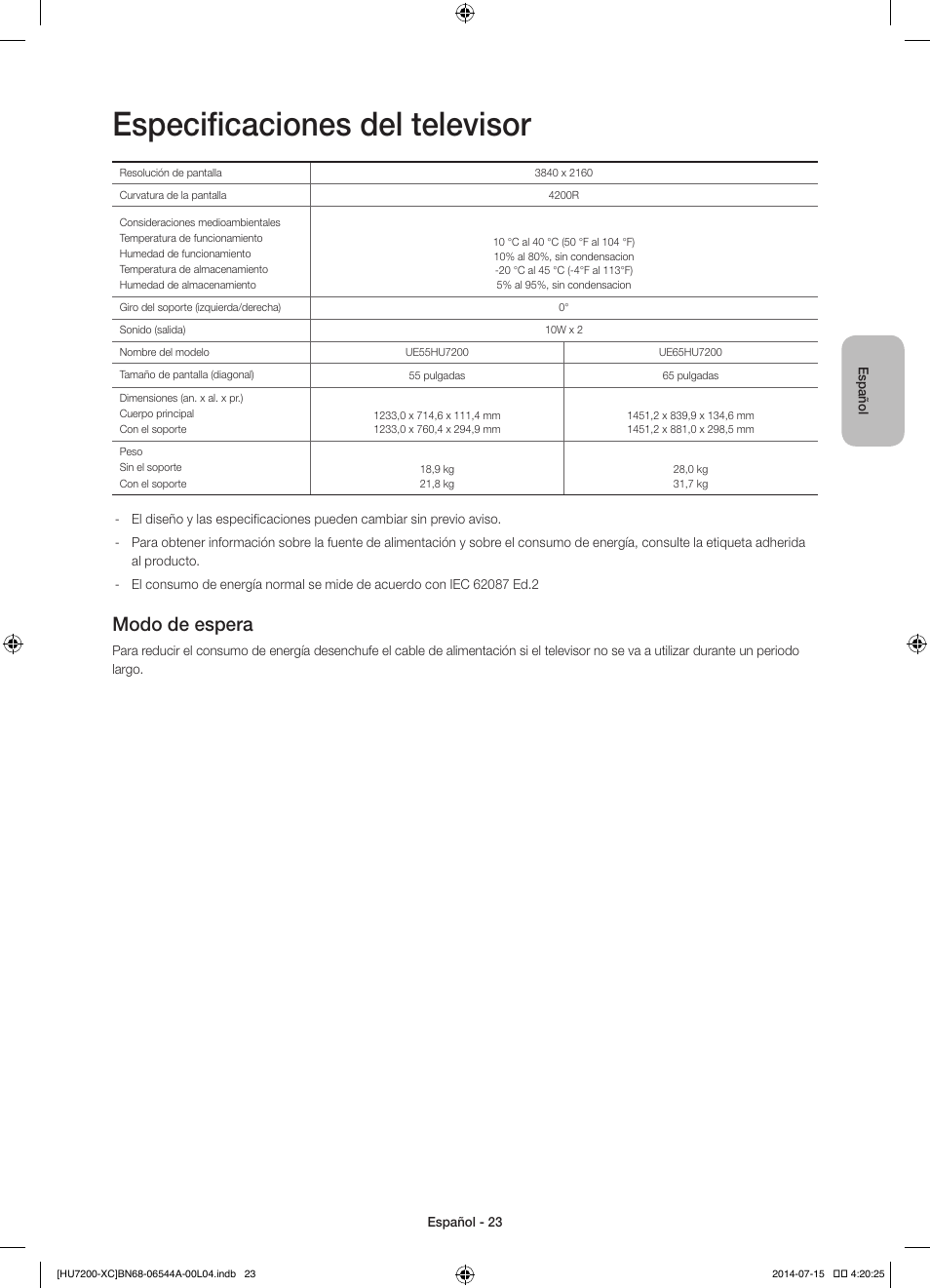 Especificaciones del televisor, Modo de espera | Samsung UE55HU7200S User Manual | Page 71 / 97