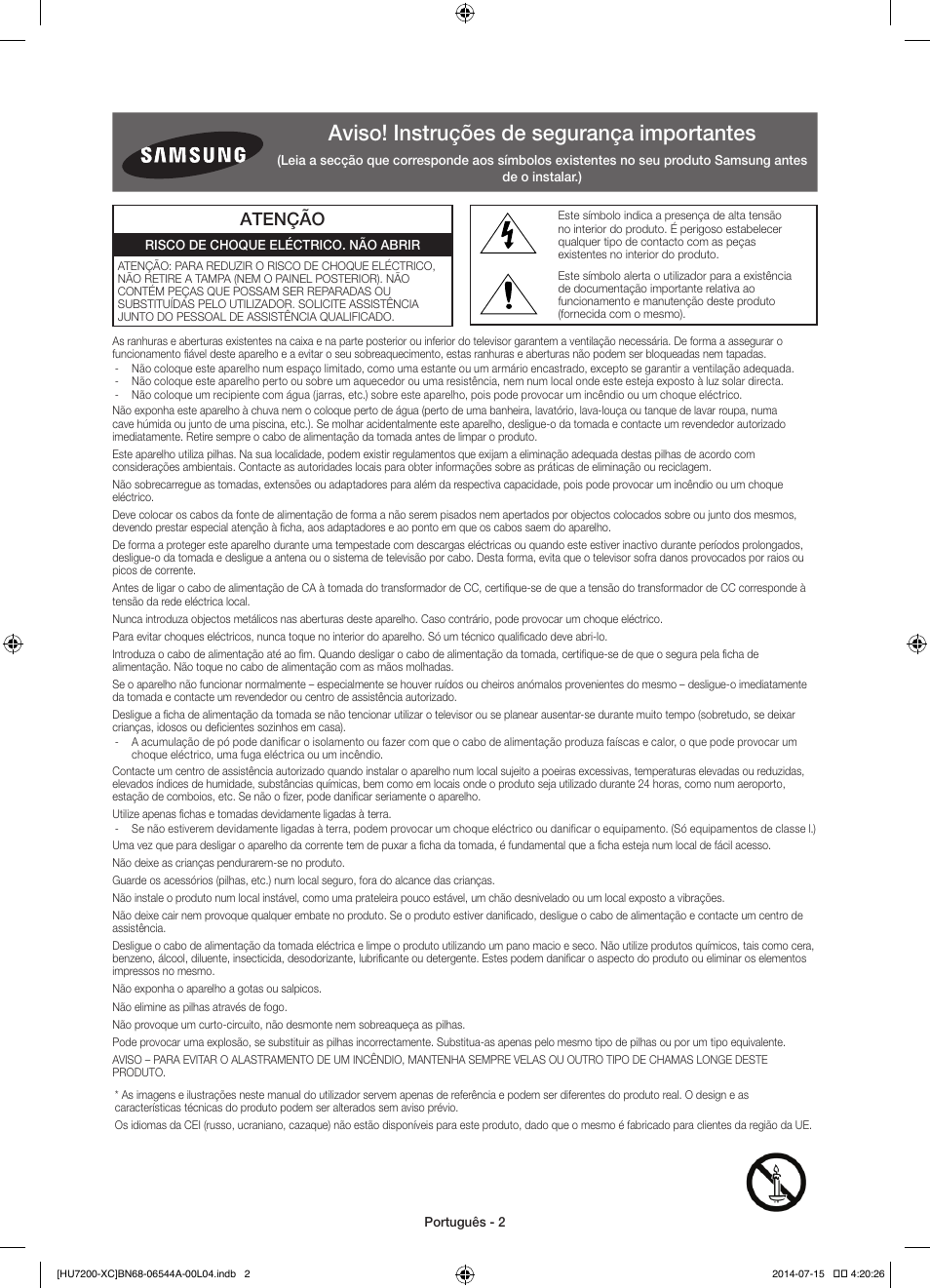 Aviso! instruções de segurança importantes, Atenção | Samsung UE55HU7200S User Manual | Page 74 / 97