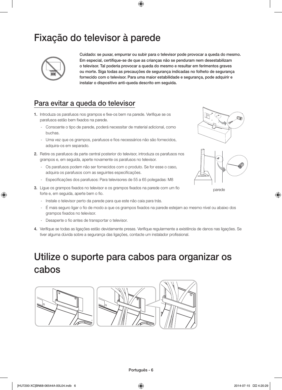 Fixação do televisor à parede, Para evitar a queda do televisor | Samsung UE55HU7200S User Manual | Page 78 / 97