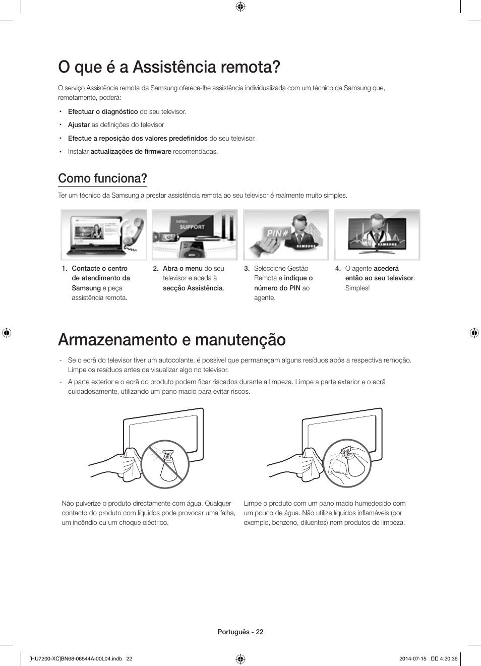 O que é a assistência remota, Armazenamento e manutenção, Como funciona | Samsung UE55HU7200S User Manual | Page 94 / 97