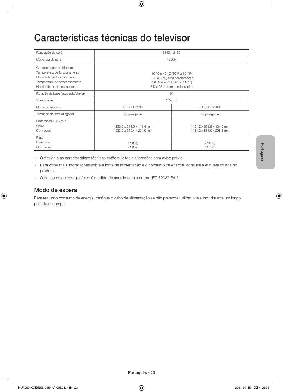 Características técnicas do televisor, Modo de espera | Samsung UE55HU7200S User Manual | Page 95 / 97