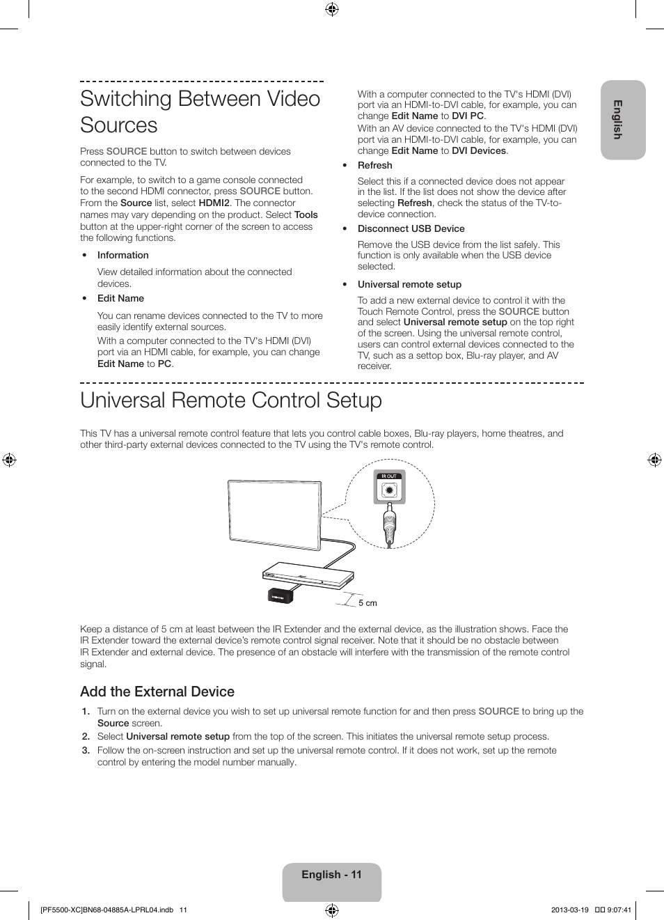 Switching between video sources, Universal remote control setup, Add the external device | Samsung PS51F5500AW User Manual | Page 11 / 97