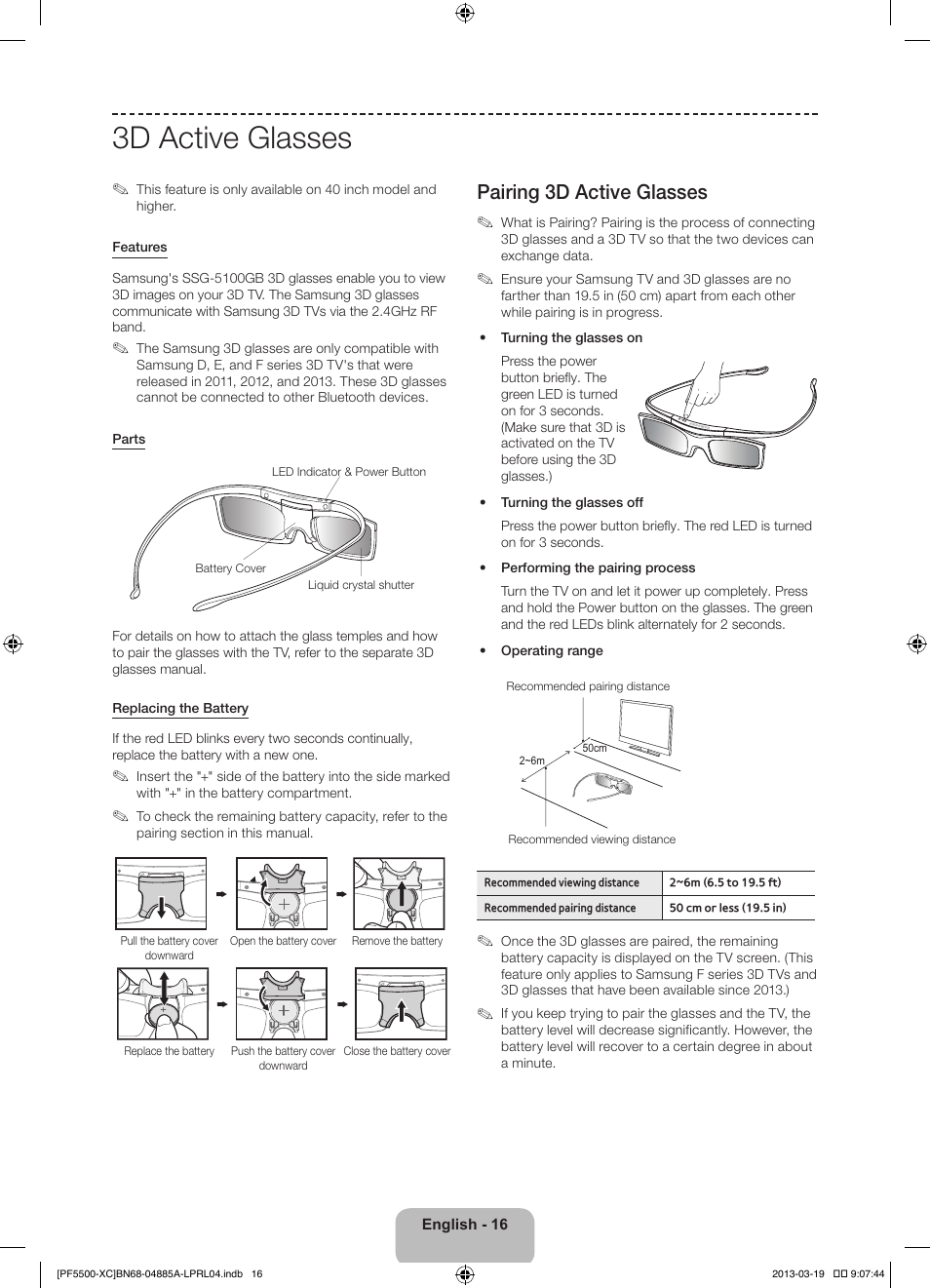 3d active glasses, Pairing 3d active glasses | Samsung PS51F5500AW User Manual | Page 16 / 97