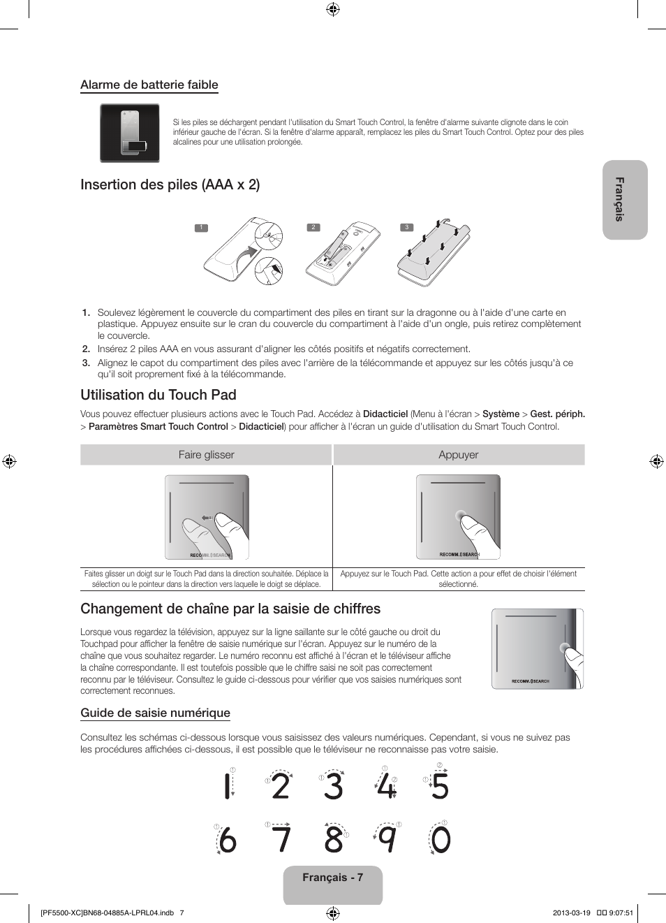 Insertion des piles (aaa x 2), Utilisation du touch pad, Changement de chaîne par la saisie de chiffres | Alarme de batterie faible, Guide de saisie numérique | Samsung PS51F5500AW User Manual | Page 31 / 97