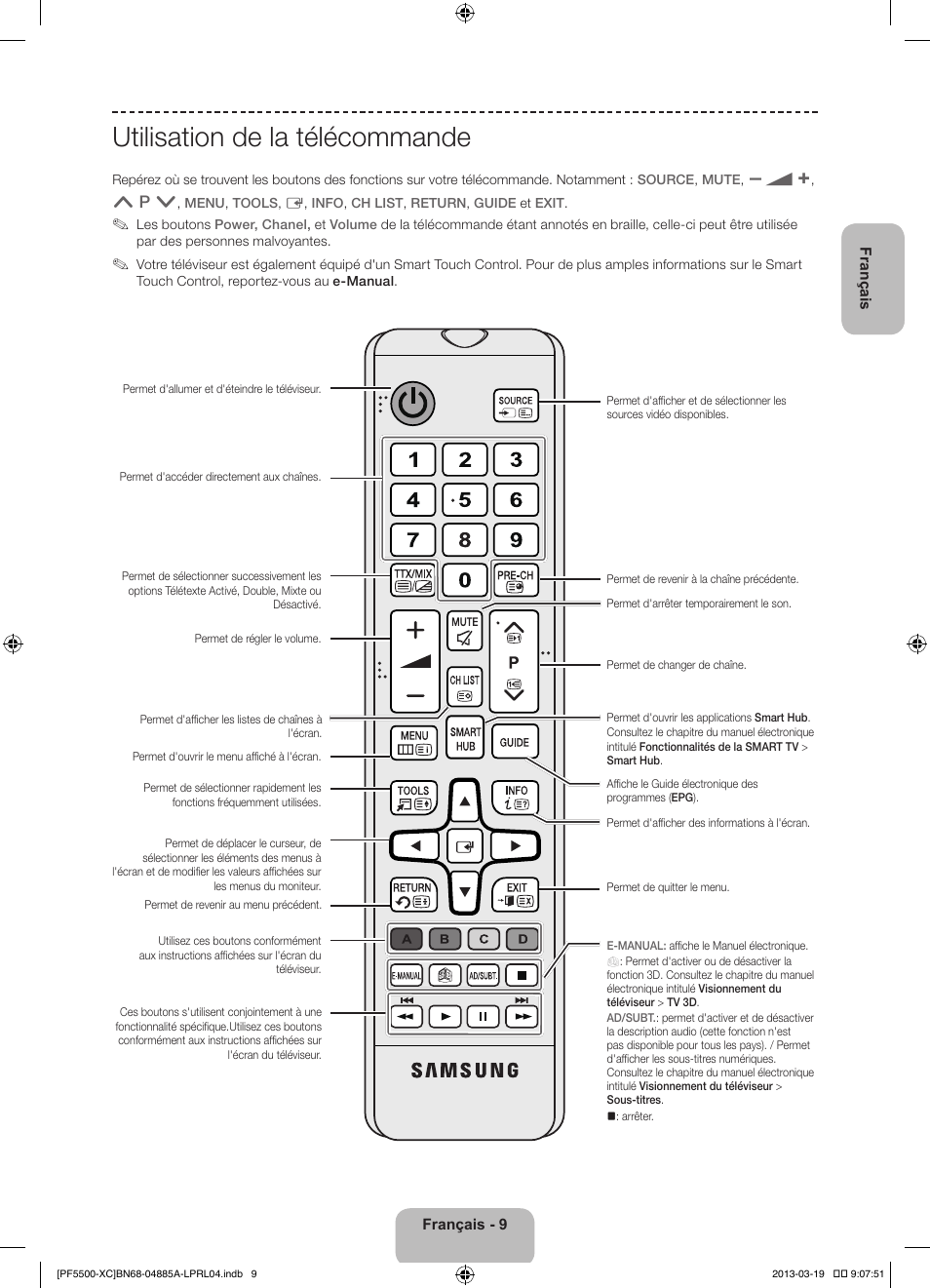 Utilisation de la télécommande | Samsung PS51F5500AW User Manual | Page 33 / 97