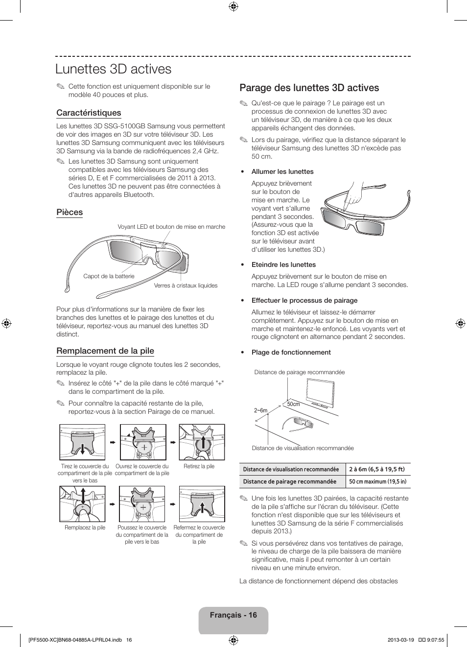 Lunettes 3d actives, Parage des lunettes 3d actives | Samsung PS51F5500AW User Manual | Page 40 / 97