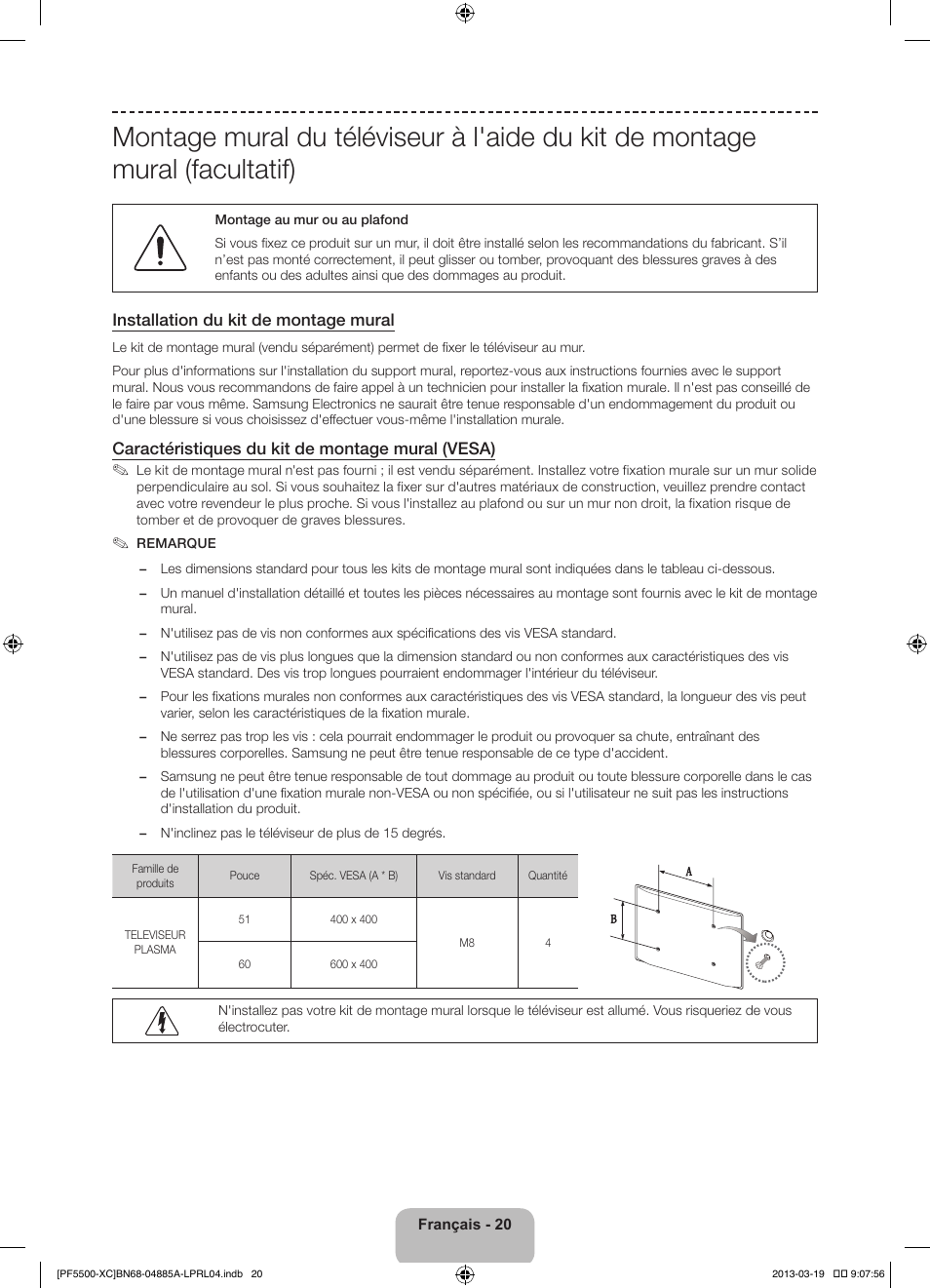 Installation du kit de montage mural, Caractéristiques du kit de montage mural (vesa) | Samsung PS51F5500AW User Manual | Page 44 / 97