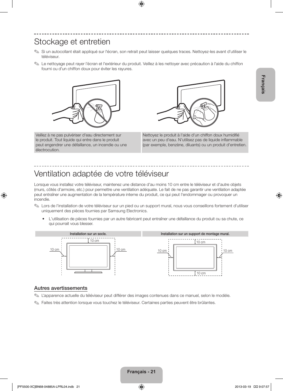 Stockage et entretien, Ventilation adaptée de votre téléviseur | Samsung PS51F5500AW User Manual | Page 45 / 97