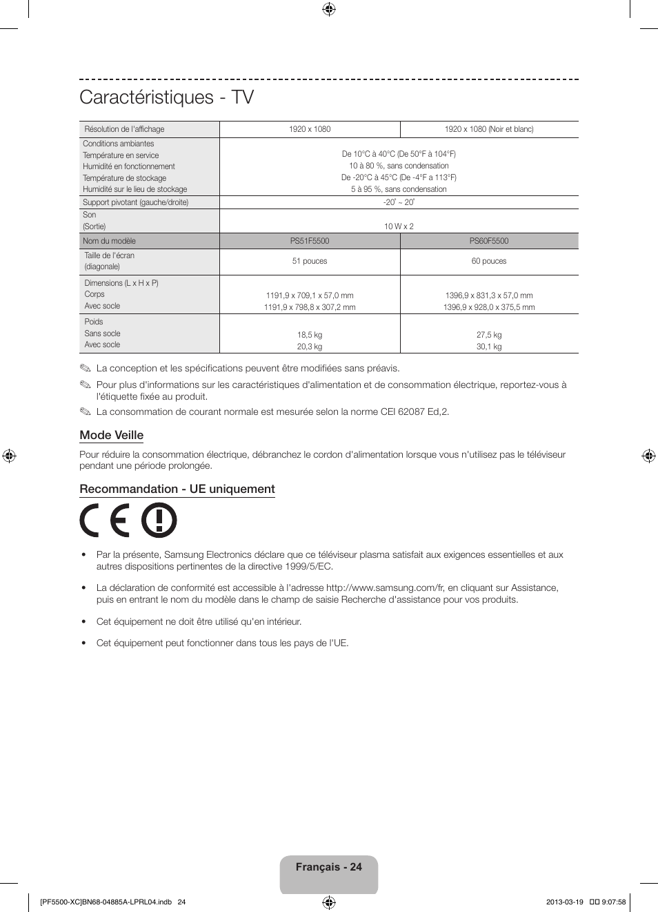 Caractéristiques - tv, Mode veille, Recommandation - ue uniquement | Samsung PS51F5500AW User Manual | Page 48 / 97
