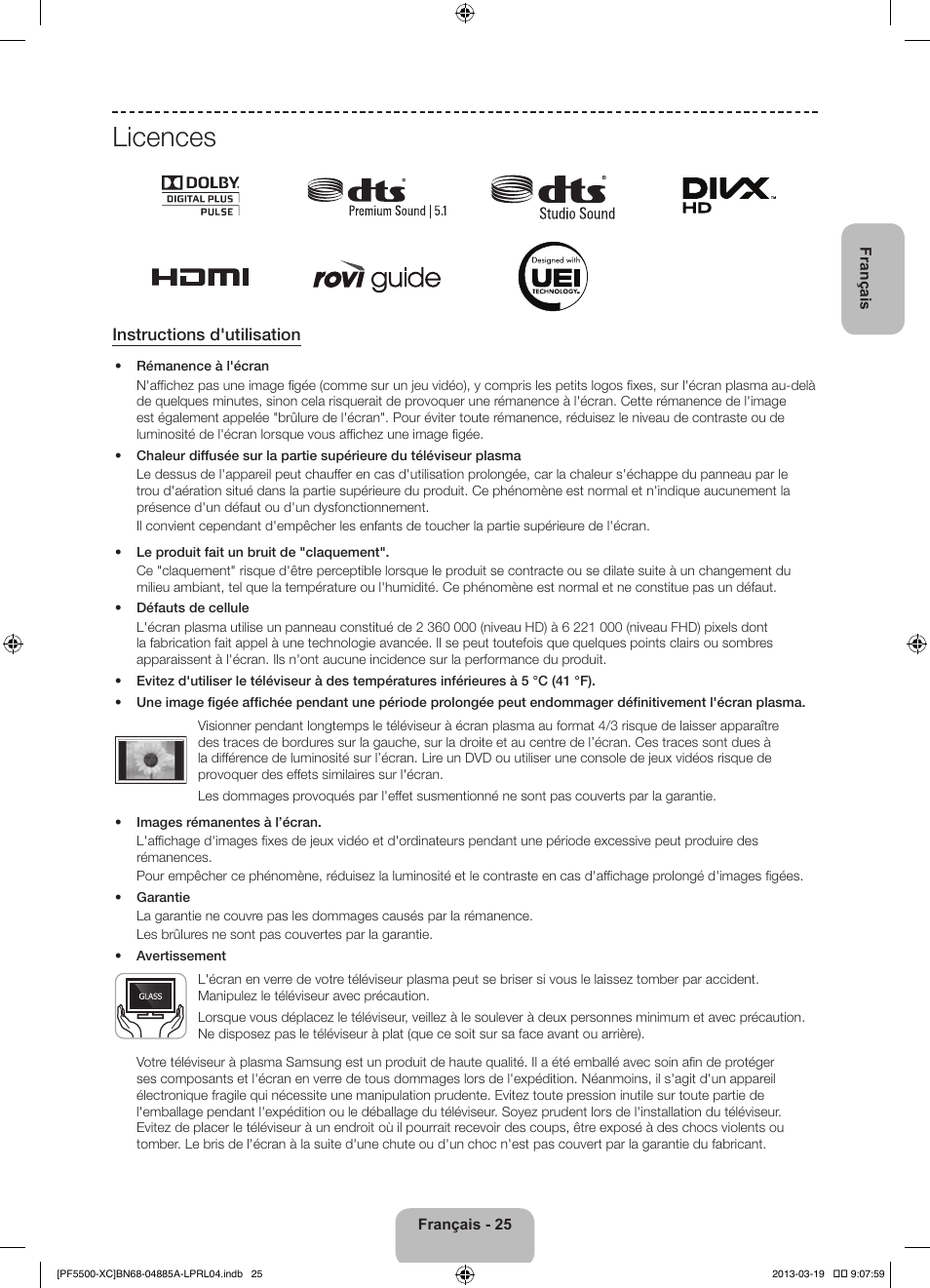 Licences, Instructions d'utilisation | Samsung PS51F5500AW User Manual | Page 49 / 97