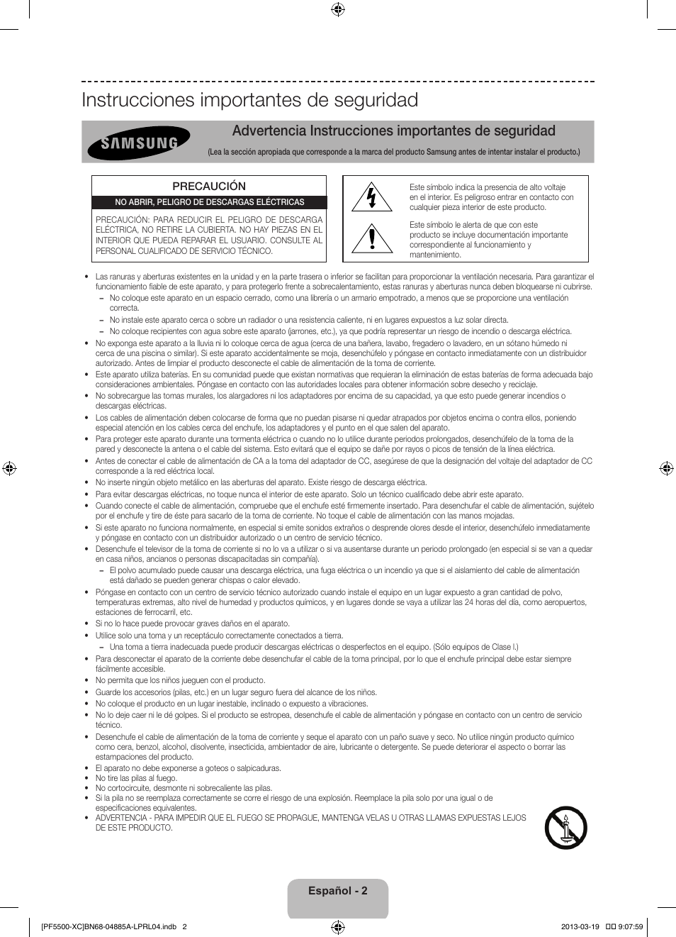 Instrucciones importantes de seguridad, Advertencia instrucciones importantes de seguridad | Samsung PS51F5500AW User Manual | Page 50 / 97