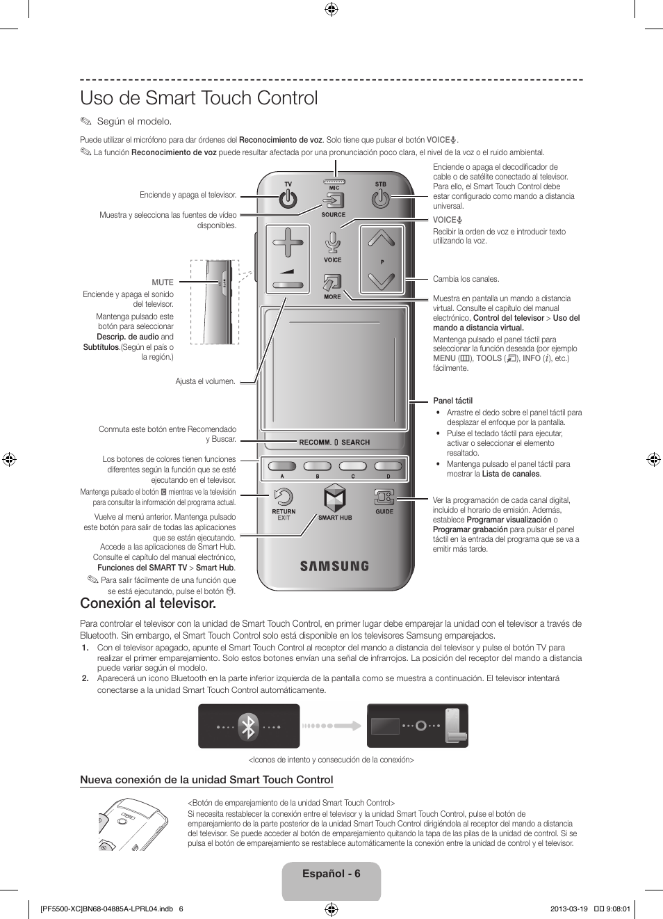 Uso de smart touch control, Conexión al televisor | Samsung PS51F5500AW User Manual | Page 54 / 97