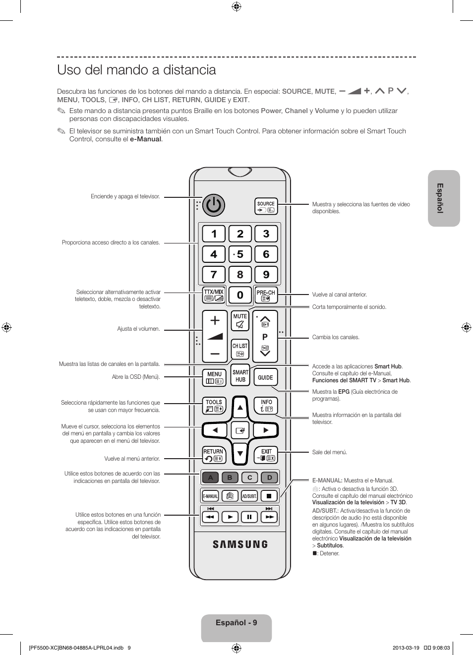 Uso del mando a distancia | Samsung PS51F5500AW User Manual | Page 57 / 97