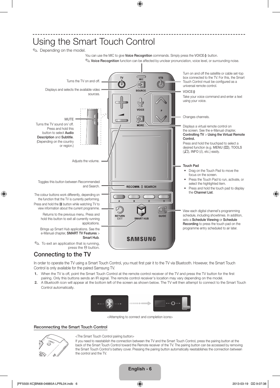 Using the smart touch control, Connecting to the tv | Samsung PS51F5500AW User Manual | Page 6 / 97