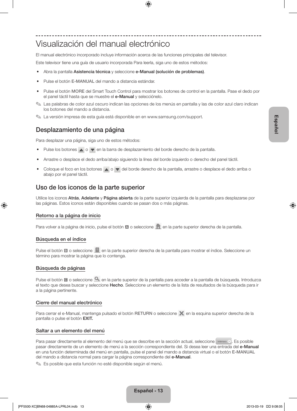 Visualización del manual electrónico, Desplazamiento de una página, Uso de los iconos de la parte superior | Samsung PS51F5500AW User Manual | Page 61 / 97