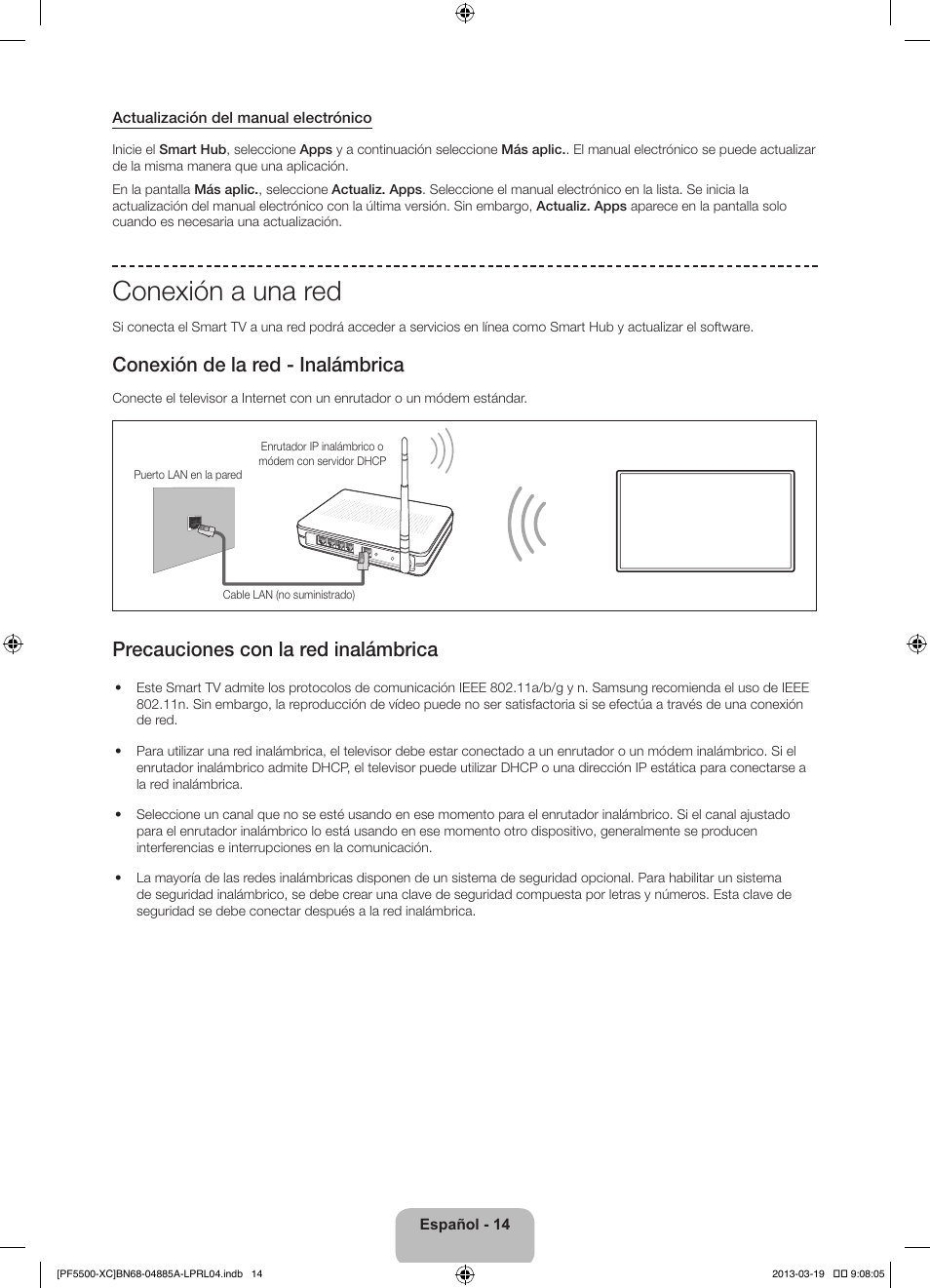 Conexión a una red, Conexión de la red - inalámbrica, Precauciones con la red inalámbrica | Samsung PS51F5500AW User Manual | Page 62 / 97