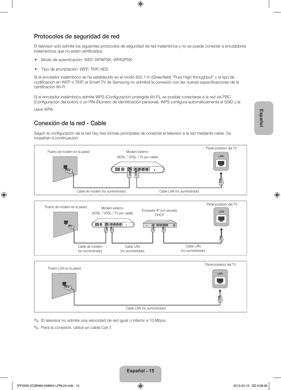 Protocolos de seguridad de red, Conexión de la red - cable | Samsung PS51F5500AW User Manual | Page 63 / 97