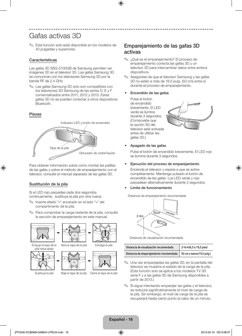 Gafas activas 3d, Emparejamiento de las gafas 3d activas | Samsung PS51F5500AW User Manual | Page 64 / 97