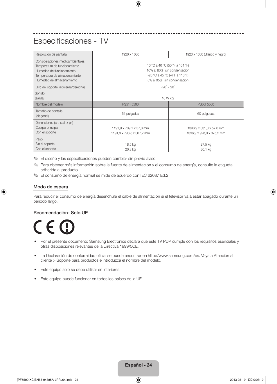 Especificaciones - tv | Samsung PS51F5500AW User Manual | Page 72 / 97