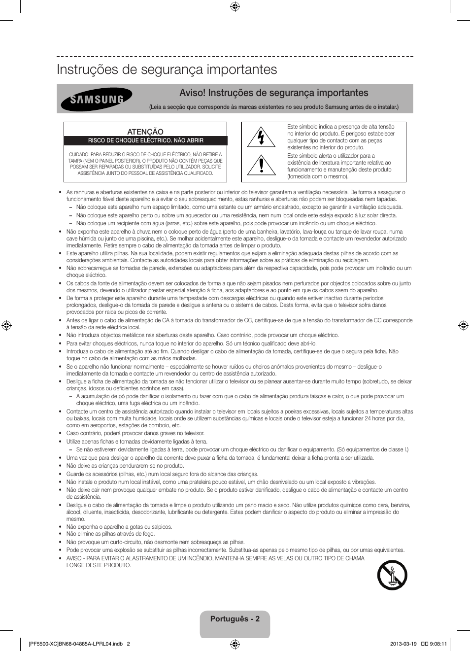 Instruções de segurança importantes, Aviso! instruções de segurança importantes | Samsung PS51F5500AW User Manual | Page 74 / 97