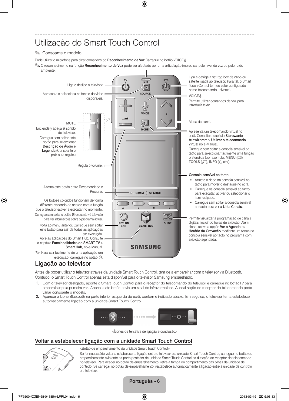 Utilização do smart touch control, Ligação ao televisor | Samsung PS51F5500AW User Manual | Page 78 / 97