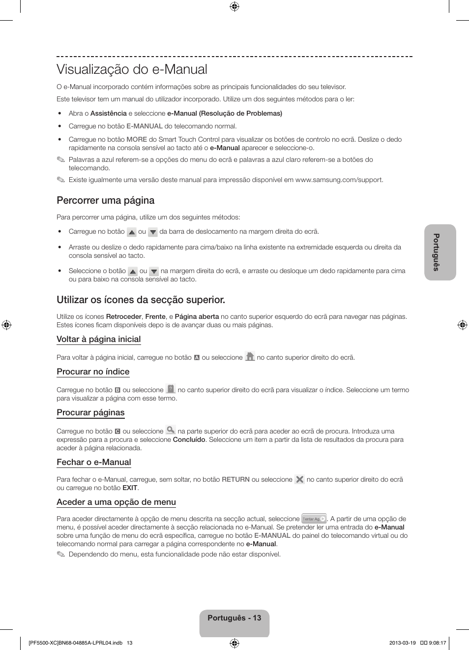 Visualização do e-manual, Percorrer uma página, Utilizar os ícones da secção superior | Samsung PS51F5500AW User Manual | Page 85 / 97